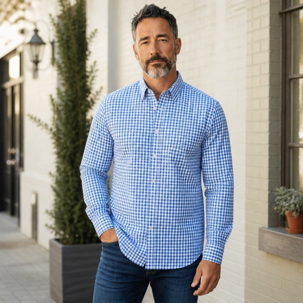 Peter Millar Mens Large Blue White Gingham Cotton Button‎ Down Shirt Long Sleeve